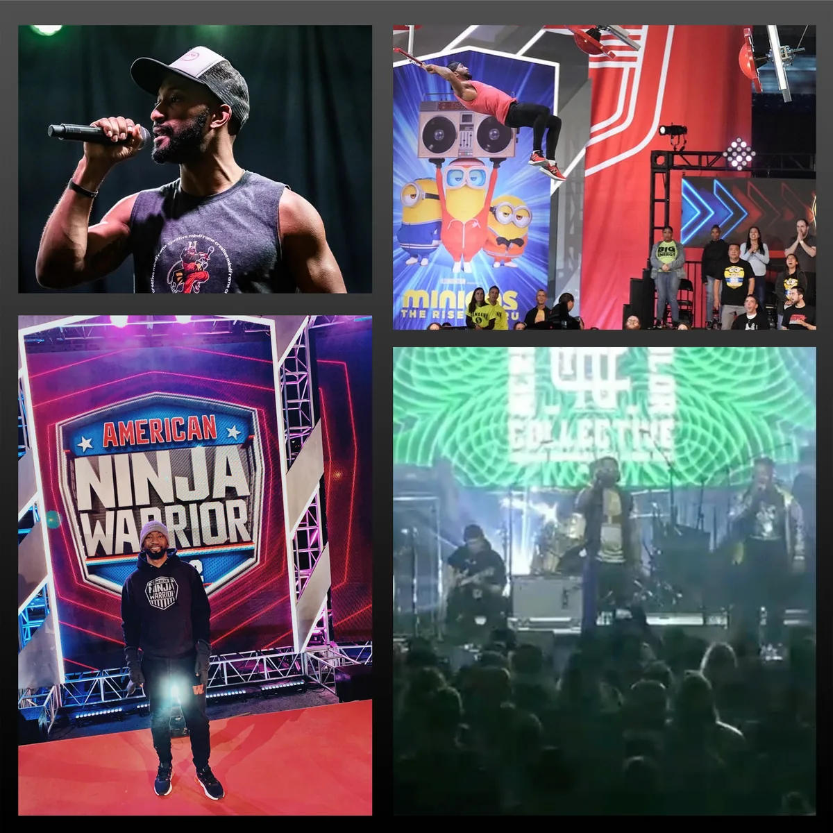 Four photos of Creative Mind Frame: performing with a microphone, competing on American Ninja Warrior, and on stage with the NPC Collective.